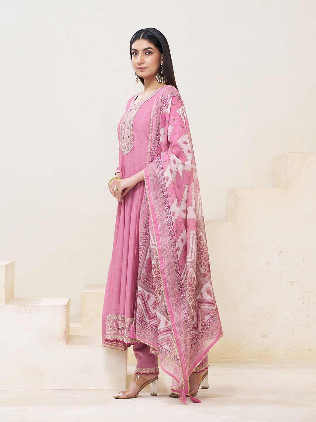 Rose Pink Silk Blend Zari Sequence Thread Embroidery With Mirror Work Kurta With Pant And Dupatta