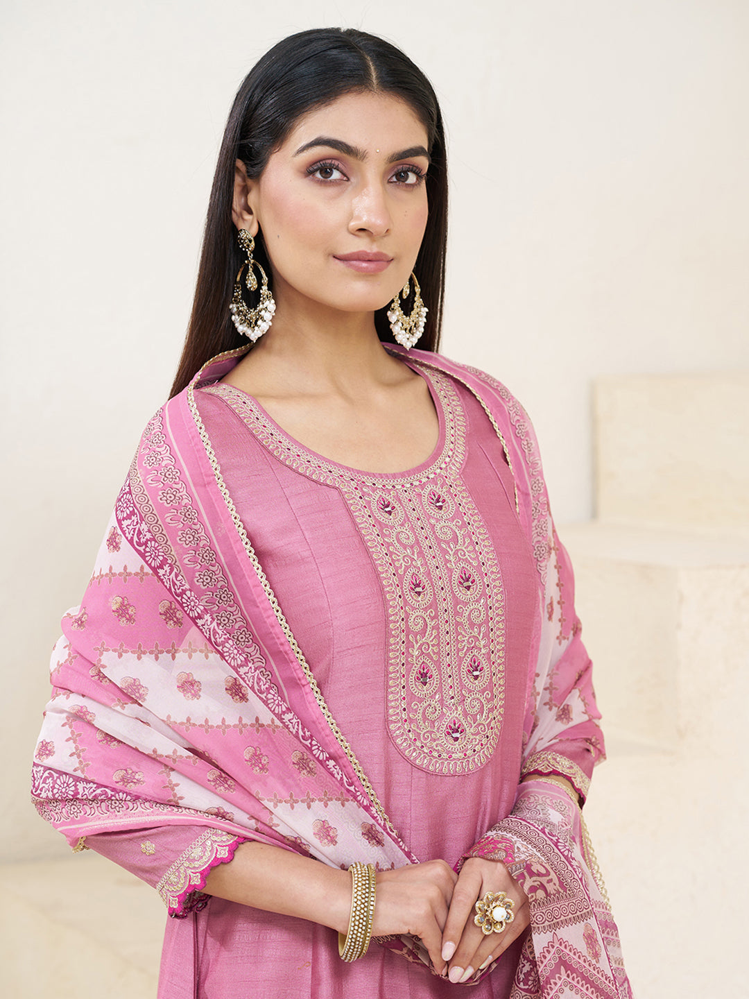 Rose Pink Silk Blend Zari Sequence Thread Embroidery With Mirror Work Kurta With Pant And Dupatta