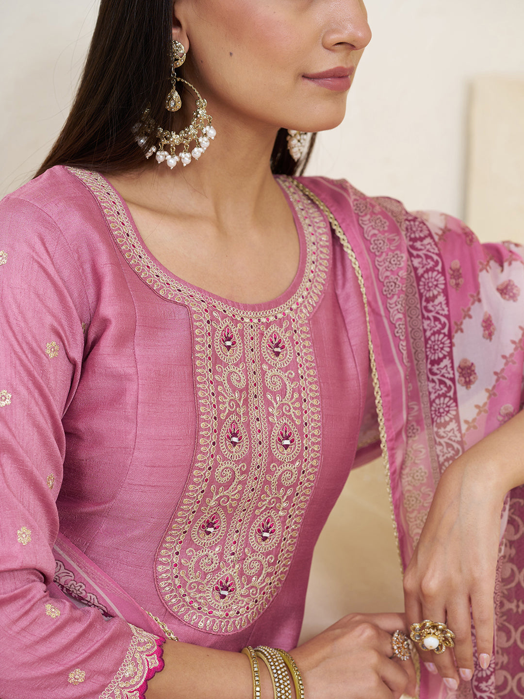 Rose Pink Silk Blend Zari Sequence Thread Embroidery With Mirror Work Kurta With Pant And Dupatta
