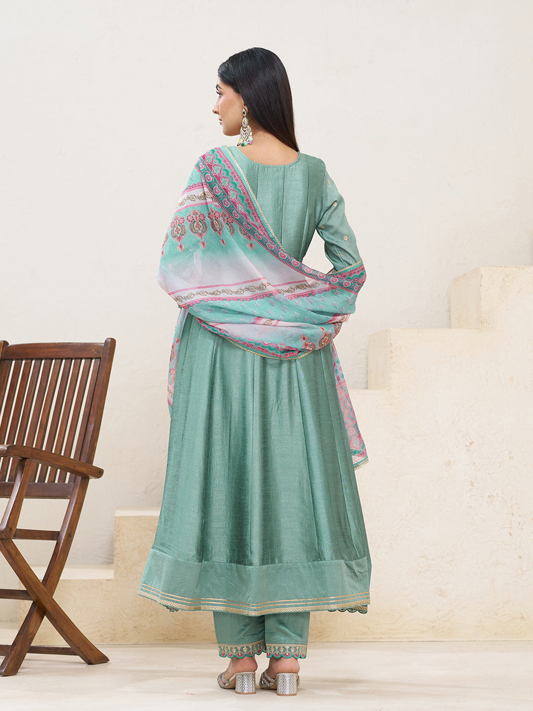 dusty Teal Silk Blend Zari Sequence Thread Embroidery With Mirror Work Kurta With Pant And Dupatta