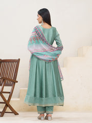 dusty Teal Silk Blend Zari Sequence Thread Embroidery With Mirror Work Kurta With Pant And Dupatta