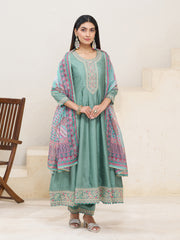 dusty Teal Silk Blend Zari Sequence Thread Embroidery With Mirror Work Kurta With Pant And Dupatta