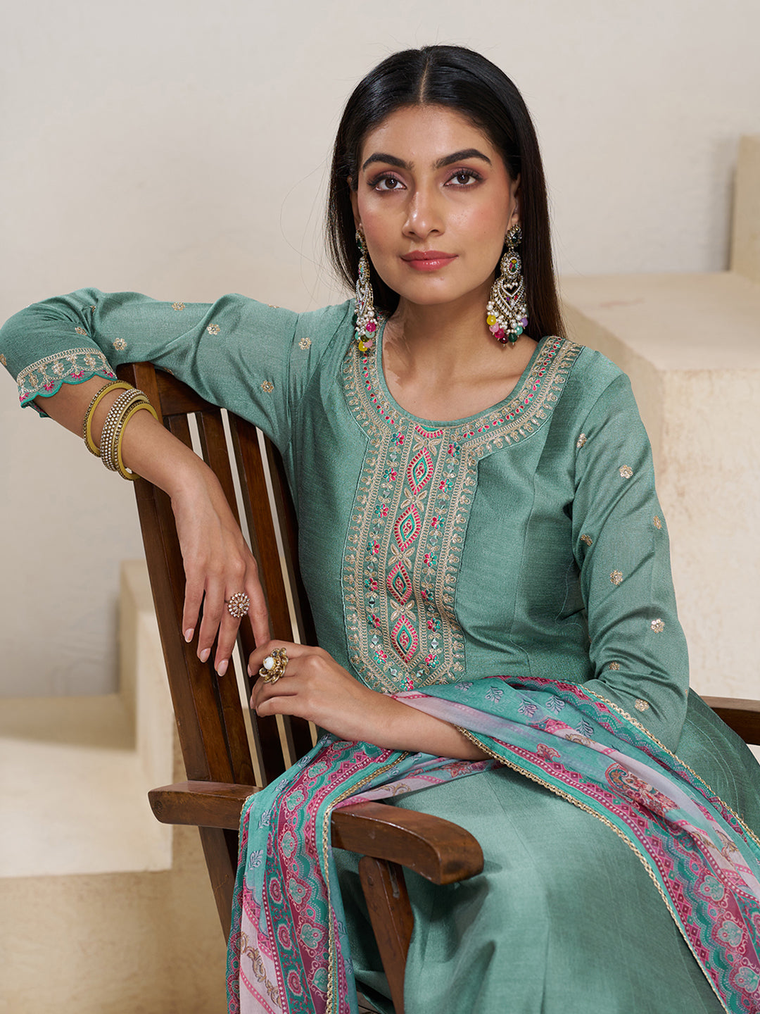 dusty Teal Silk Blend Zari Sequence Thread Embroidery With Mirror Work Kurta With Pant And Dupatta
