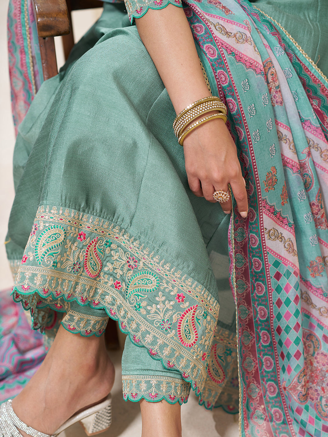 dusty Teal Silk Blend Zari Sequence Thread Embroidery With Mirror Work Kurta With Pant And Dupatta