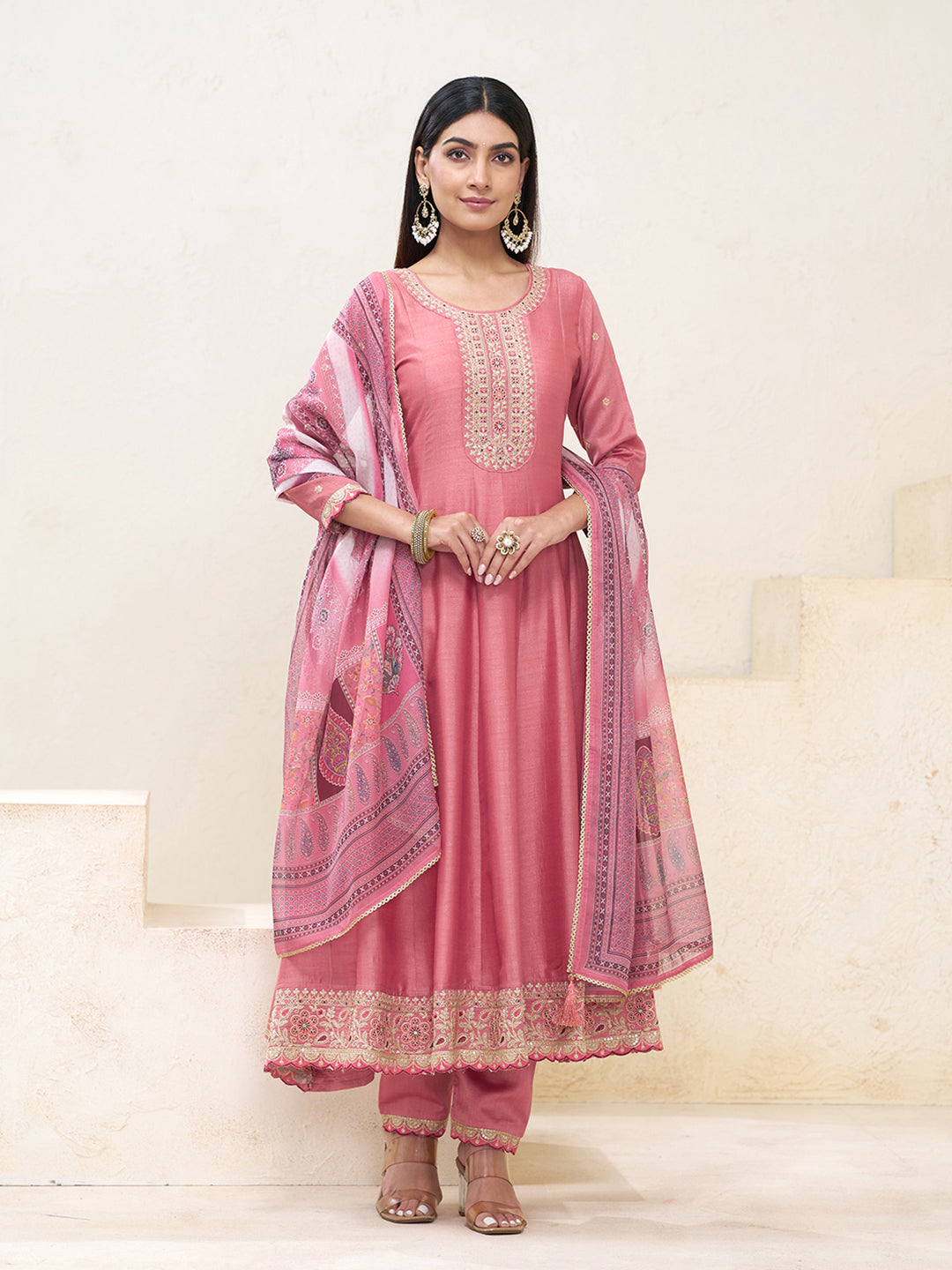 coral Pink Silk Blend Zari Sequence Thread Embroidery With Mirror Work Kurta With Pant And Dupatta
