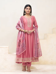 coral Pink Silk Blend Zari Sequence Thread Embroidery With Mirror Work Kurta With Pant And Dupatta