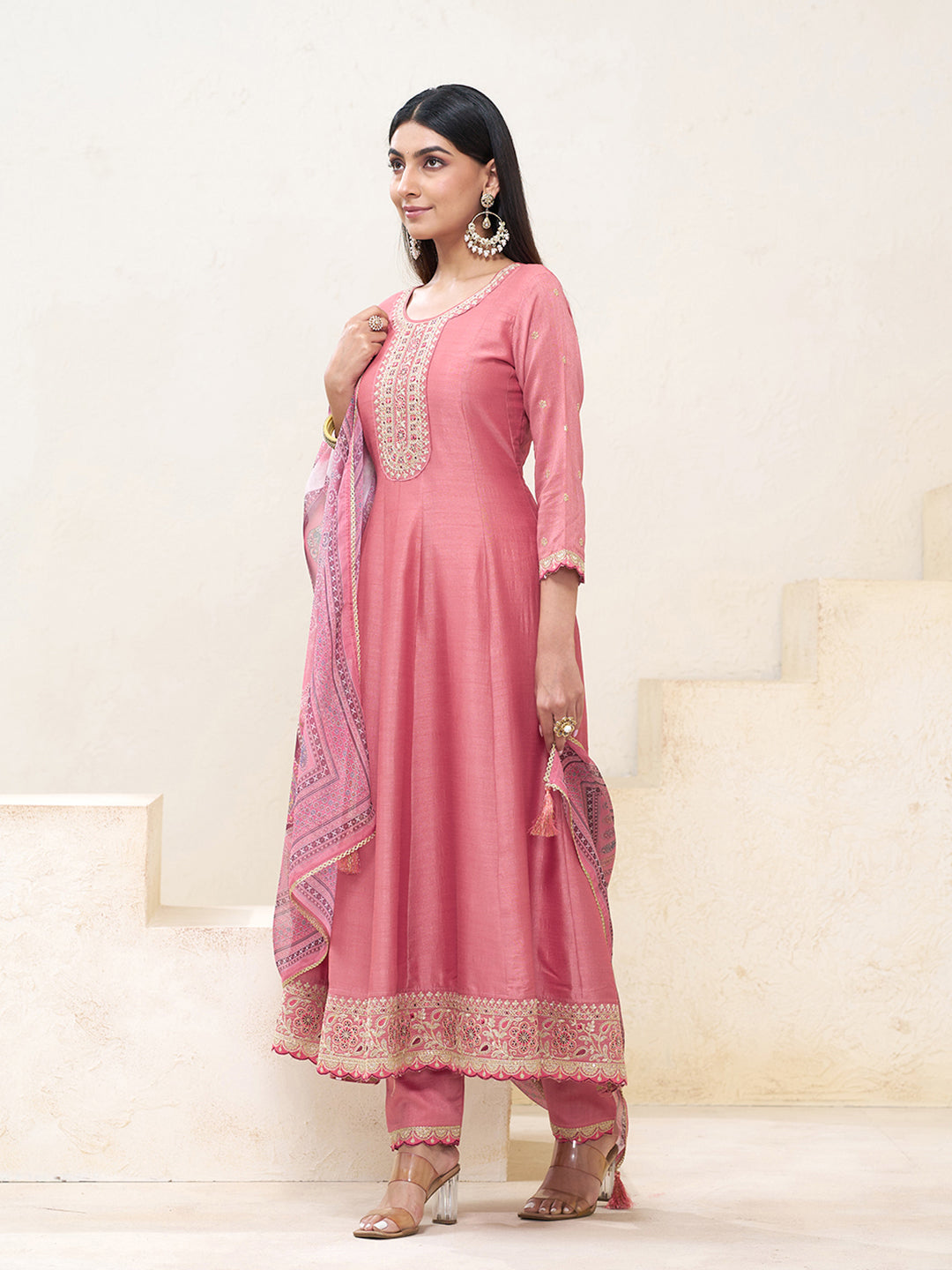 coral Pink Silk Blend Zari Sequence Thread Embroidery With Mirror Work Kurta With Pant And Dupatta