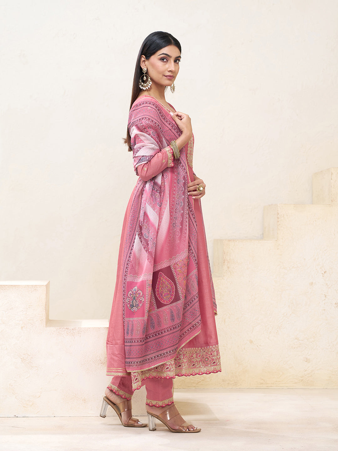 coral Pink Silk Blend Zari Sequence Thread Embroidery With Mirror Work Kurta With Pant And Dupatta