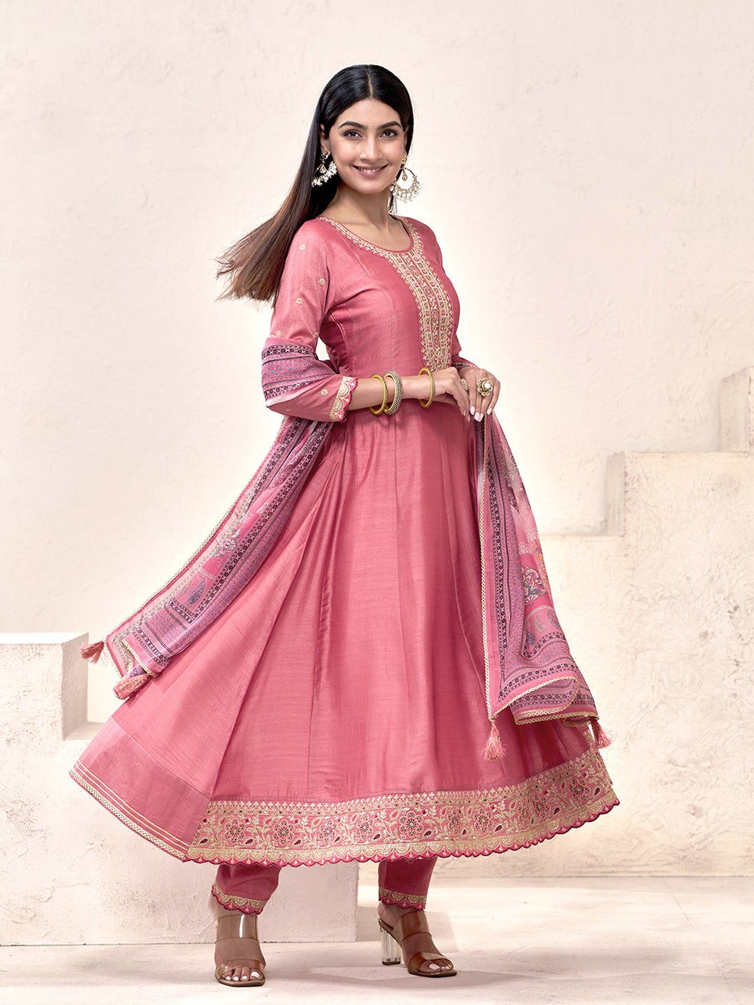 coral Pink Silk Blend Zari Sequence Thread Embroidery With Mirror Work Kurta With Pant And Dupatta