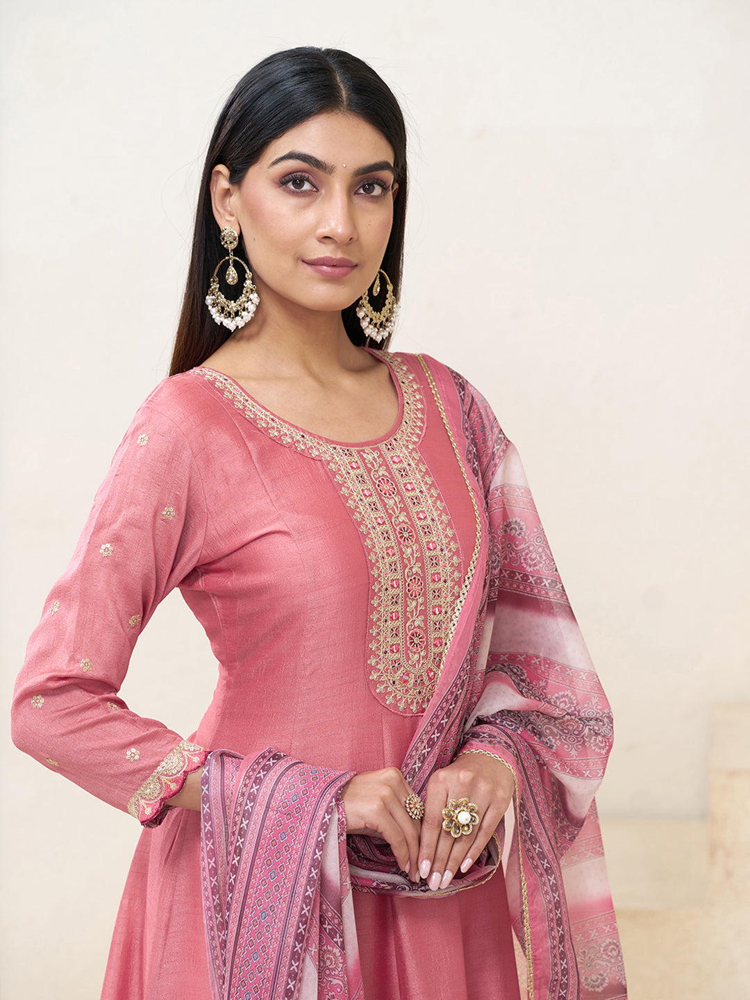 coral Pink Silk Blend Zari Sequence Thread Embroidery With Mirror Work Kurta With Pant And Dupatta