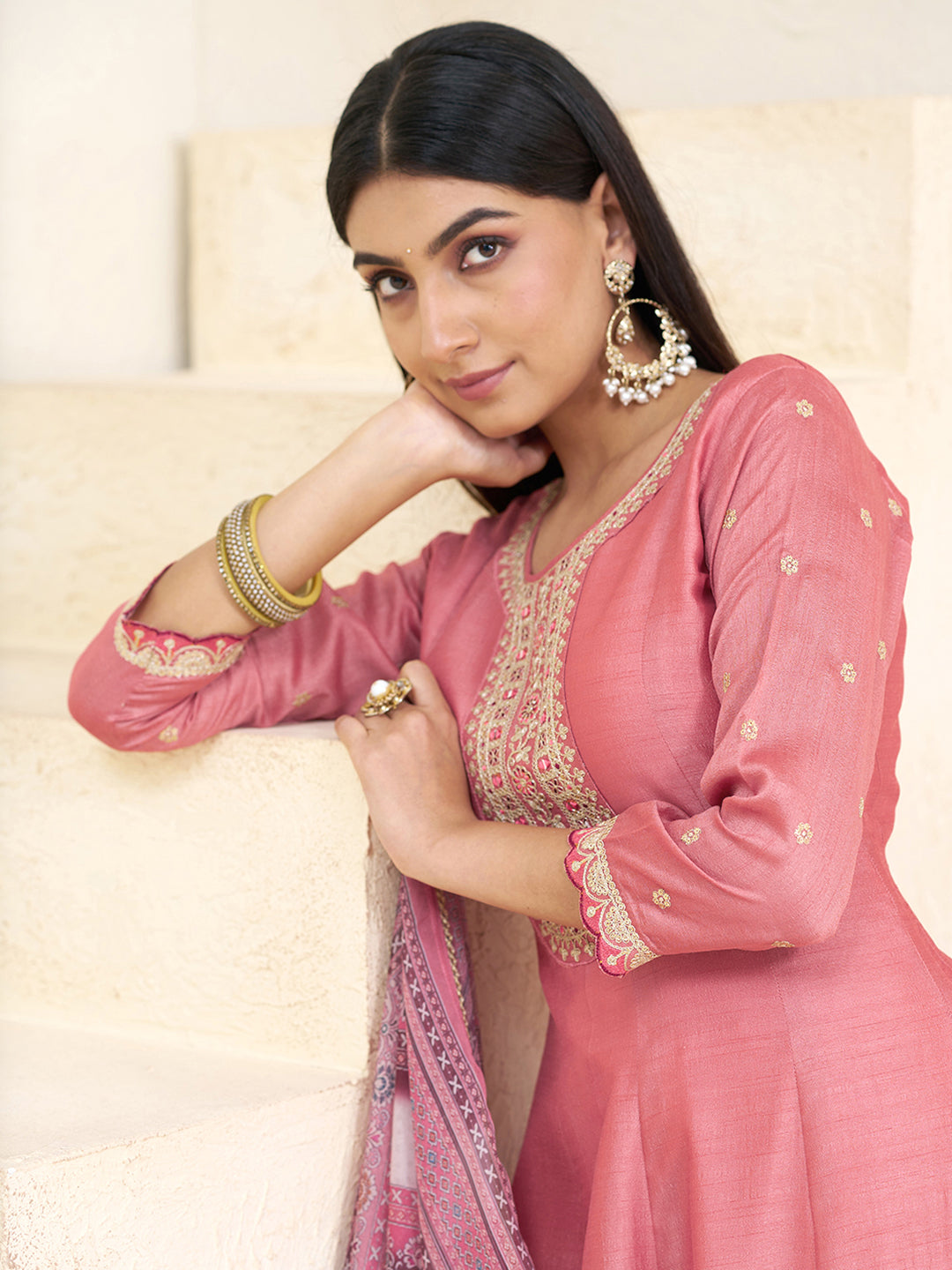 coral Pink Silk Blend Zari Sequence Thread Embroidery With Mirror Work Kurta With Pant And Dupatta
