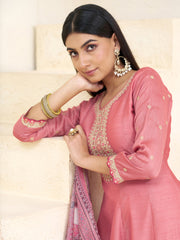 coral Pink Silk Blend Zari Sequence Thread Embroidery With Mirror Work Kurta With Pant And Dupatta