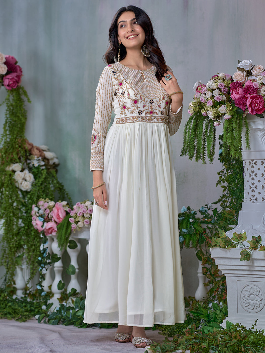 White Embroidered Ethnic Maxi Dress
