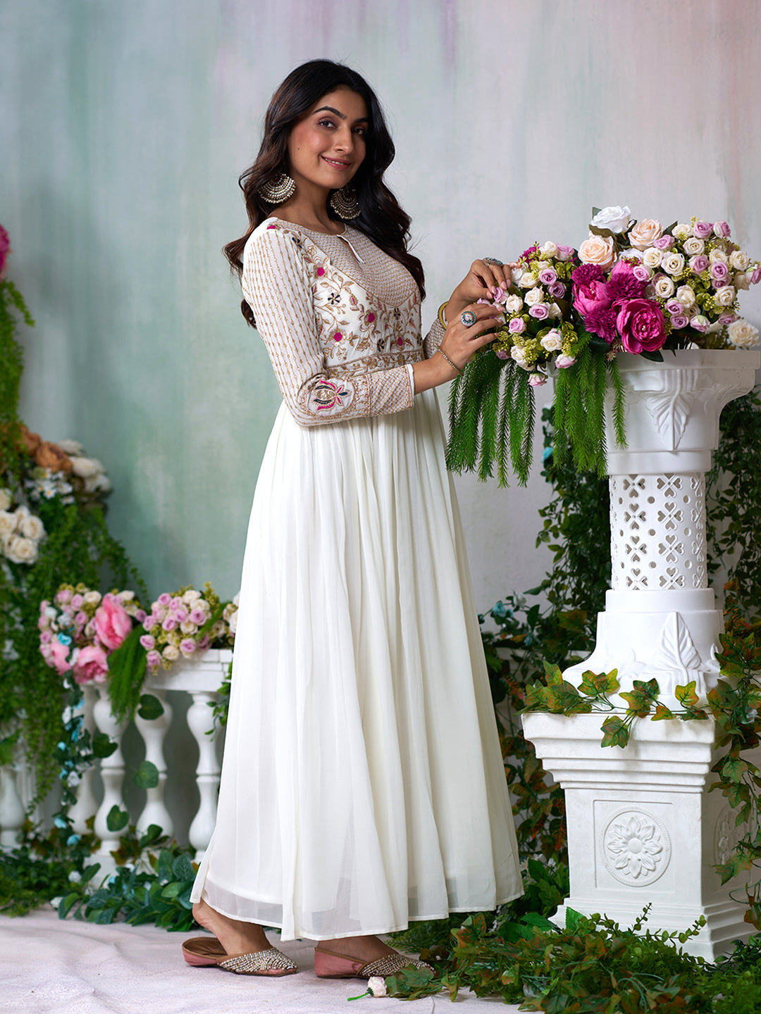 White Embroidered Ethnic Maxi Dress