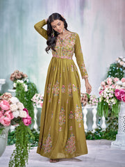 Mustard Chinon Slik Zari Thread Embroidery Ethnic Dress