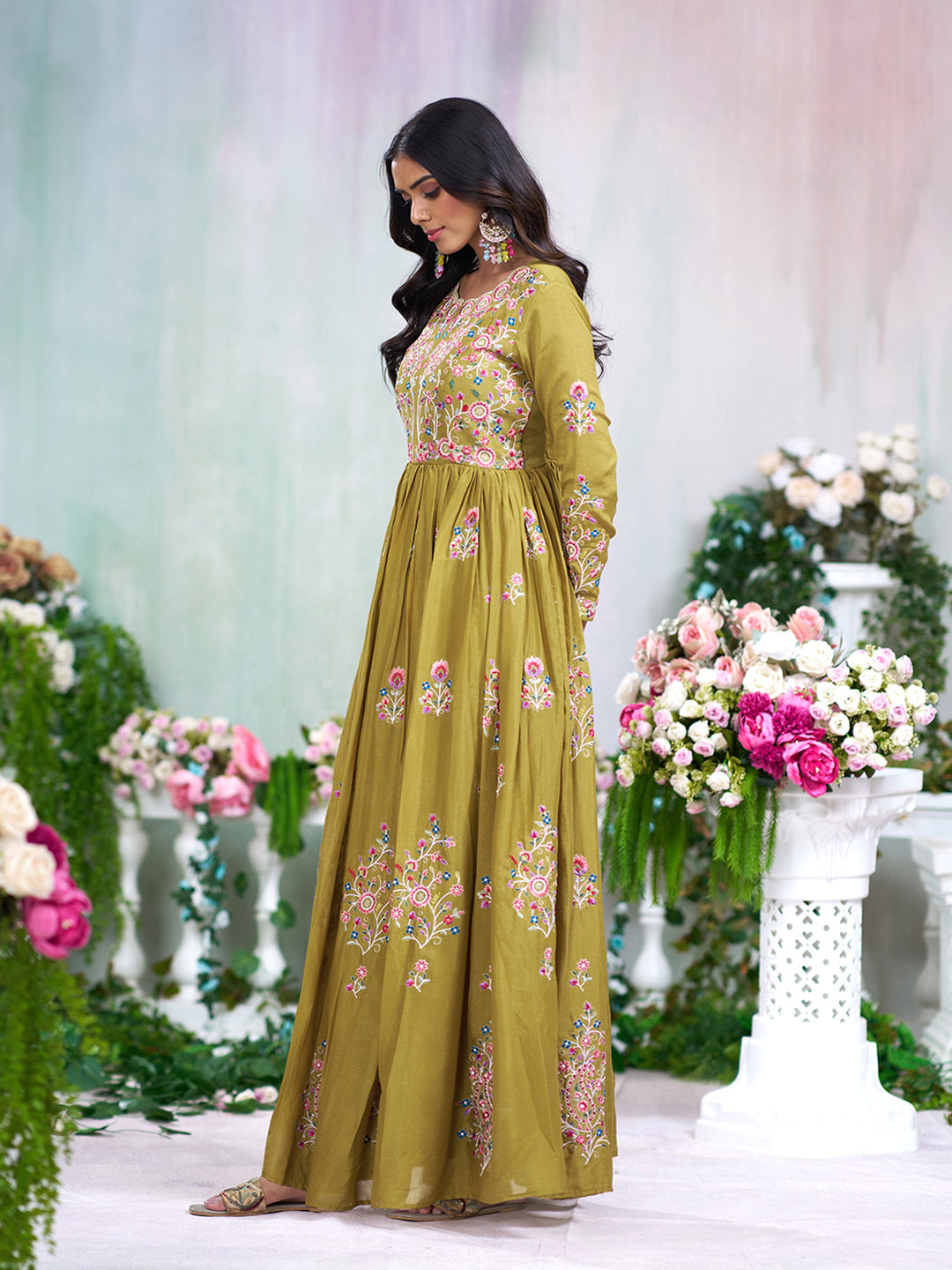 Mustard Chinon Slik Zari Thread Embroidery Ethnic Dress