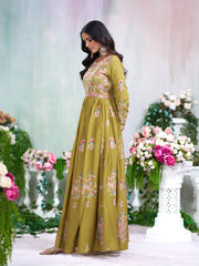 Mustard Chinon Slik Zari Thread Embroidery Ethnic Dress