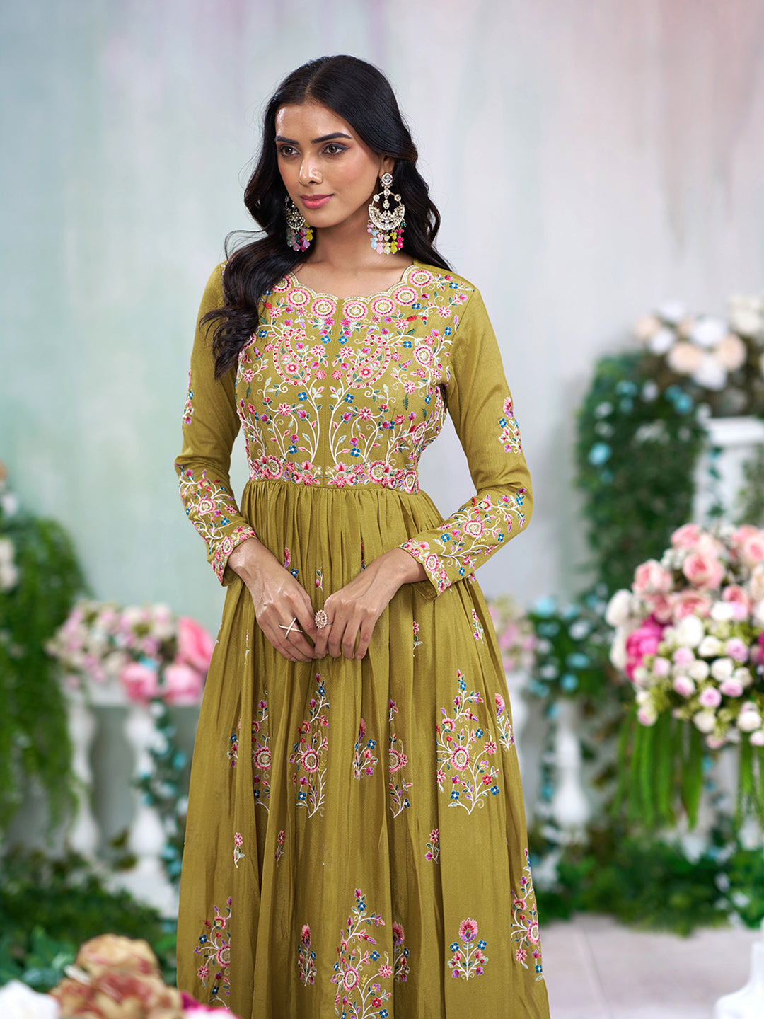 Mustard Chinon Slik Zari Thread Embroidery Ethnic Dress