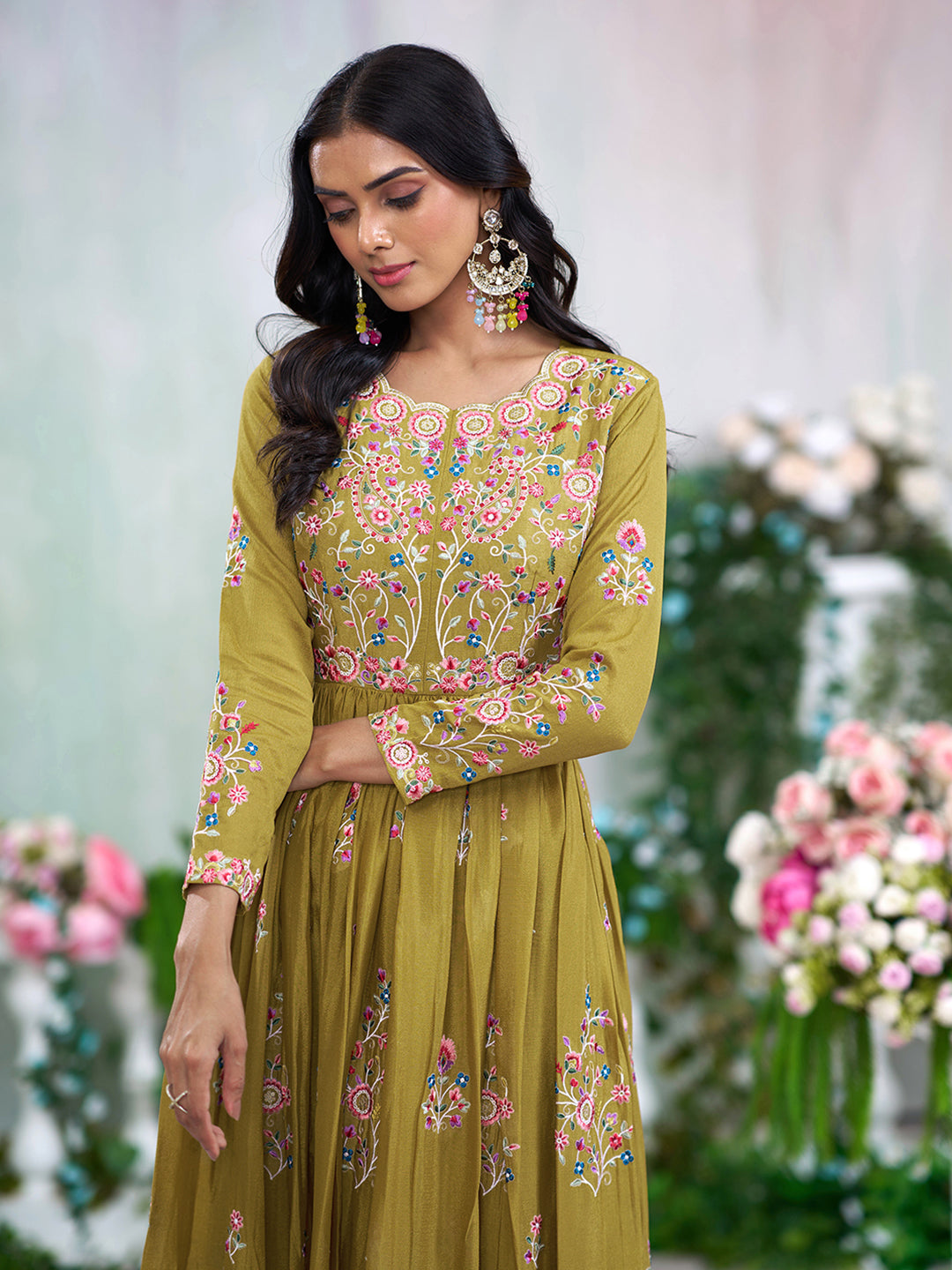 Mustard Chinon Slik Zari Thread Embroidery Ethnic Dress