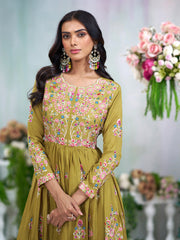 Mustard Chinon Slik Zari Thread Embroidery Ethnic Dress