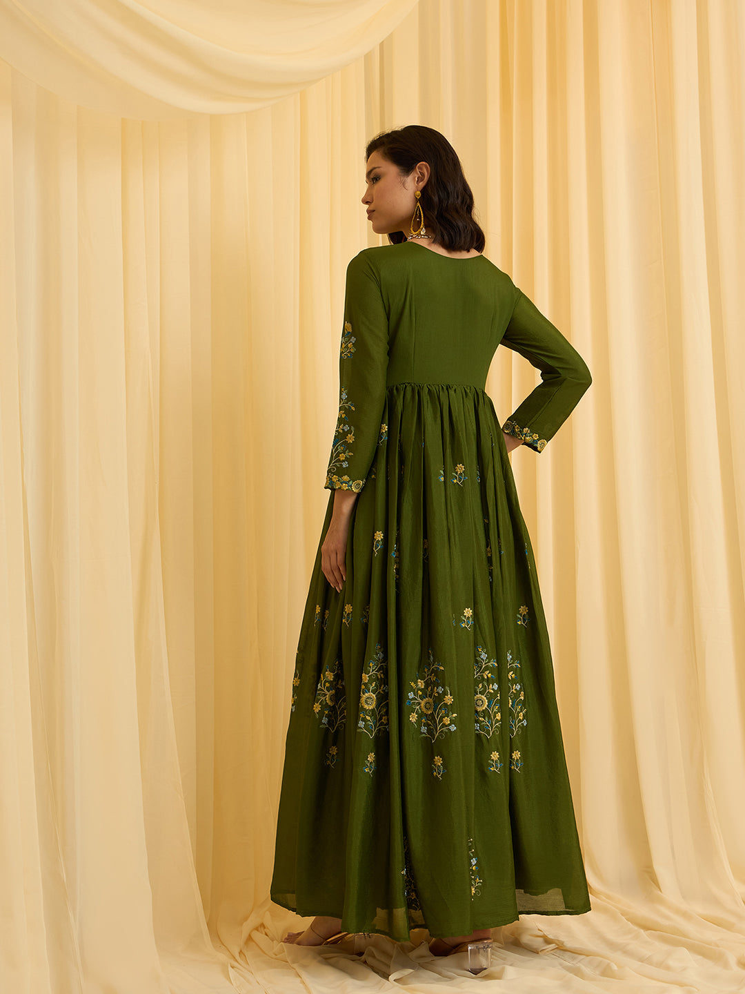 Mustard Chinon Slik Zari Thread Embroidery Ethnic Dress