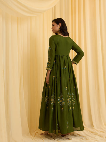 Olive Chinon Slik Zari Thread Embroidery Ethnic Dress