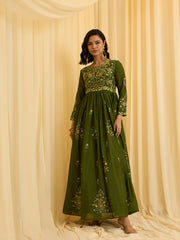 Olive Chinon Slik Zari Thread Embroidery Ethnic Dress