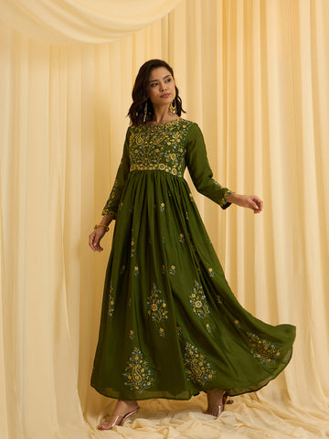 Olive Chinon Slik Zari Thread Embroidery Ethnic Dress