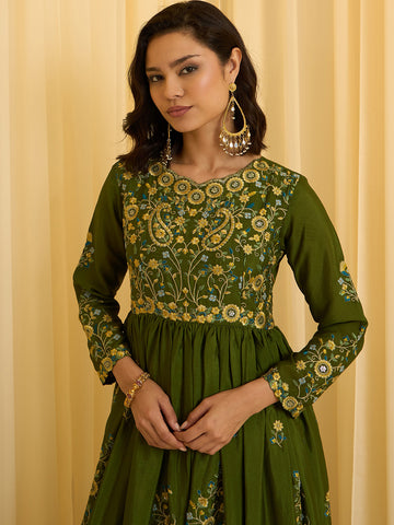 Olive Chinon Slik Zari Thread Embroidery Ethnic Dress