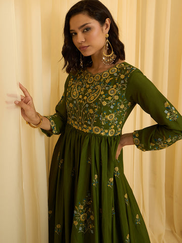 Olive Chinon Slik Zari Thread Embroidery Ethnic Dress