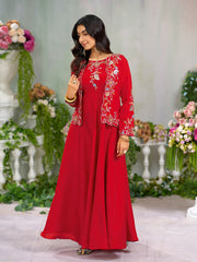 Red Silk Blend Floral Zari Thread Embroidery Gown with Kotty