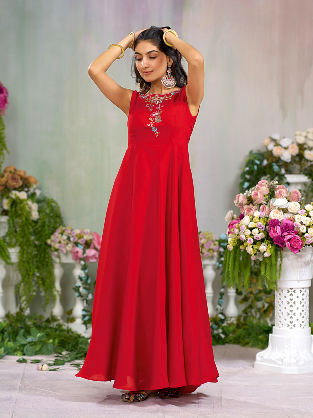 Red Silk Blend Floral Zari Thread Embroidery Gown with Kotty