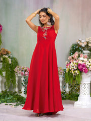 Red Silk Blend Floral Zari Thread Embroidery Gown with Kotty