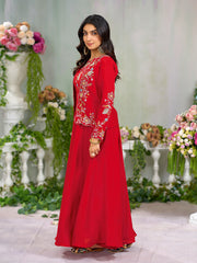 Red Silk Blend Floral Zari Thread Embroidery Gown with Kotty