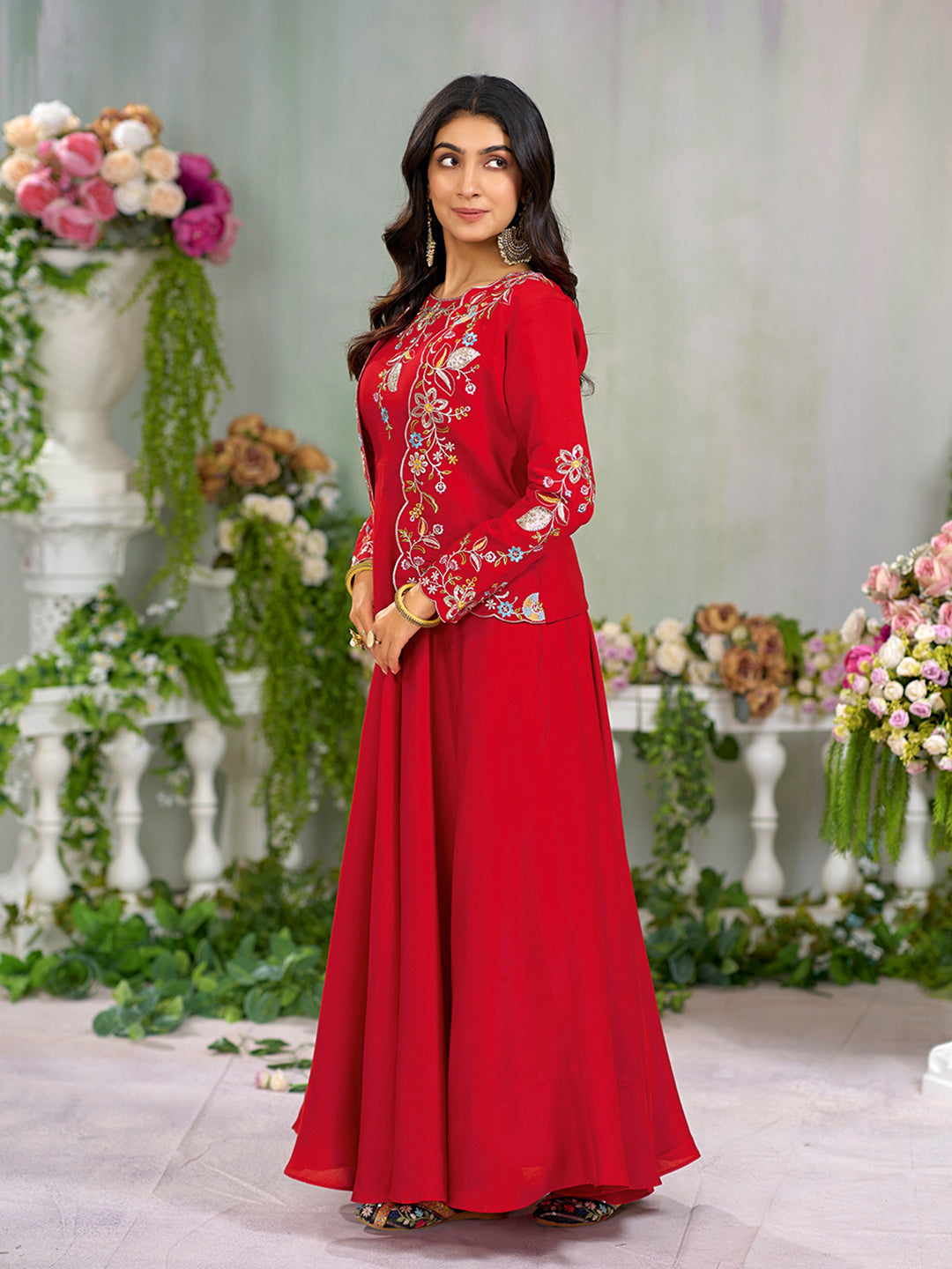Red Silk Blend Floral Zari Thread Embroidery Gown with Kotty
