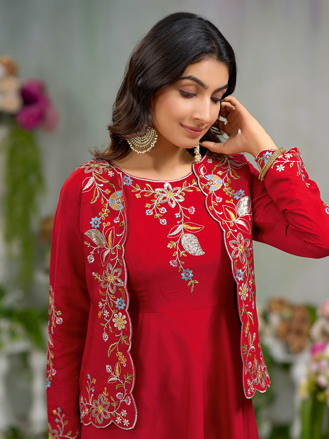 Red Silk Blend Floral Zari Thread Embroidery Gown with Kotty