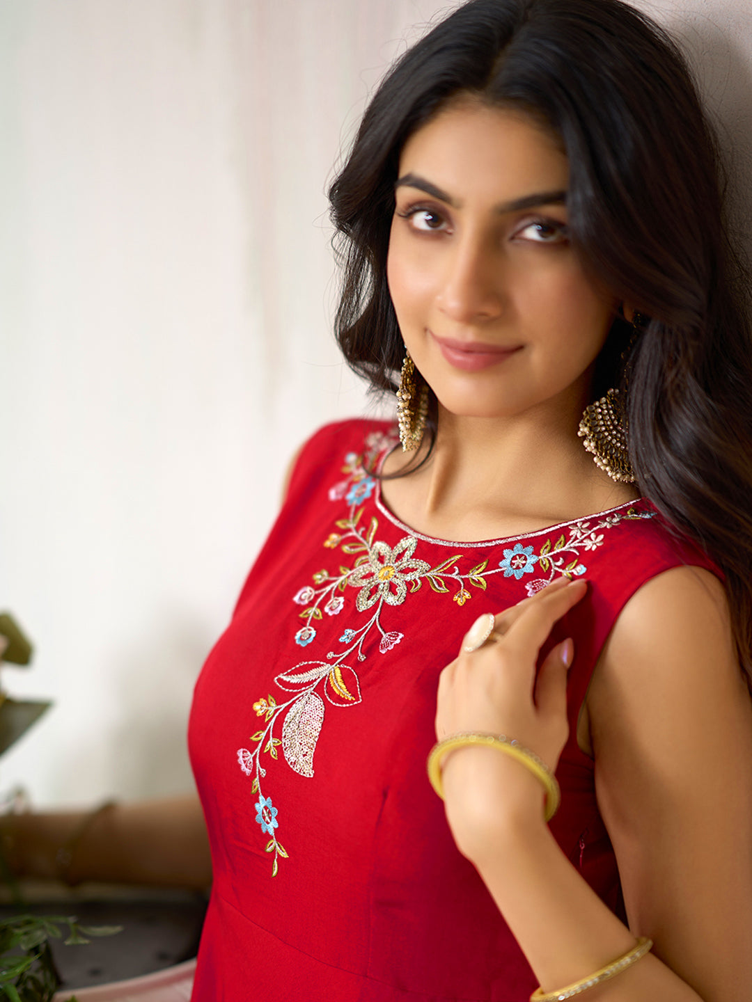 Red Silk Blend Floral Zari Thread Embroidery Gown with Kotty