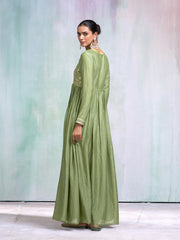 Olive Green Silk Blend Thread Embroidered Ethnic Dress