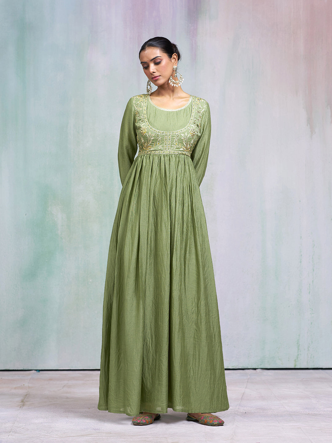 Olive Green Silk Blend Thread Embroidered Ethnic Dress