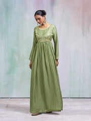 Olive Green Silk Blend Thread Embroidered Ethnic Dress