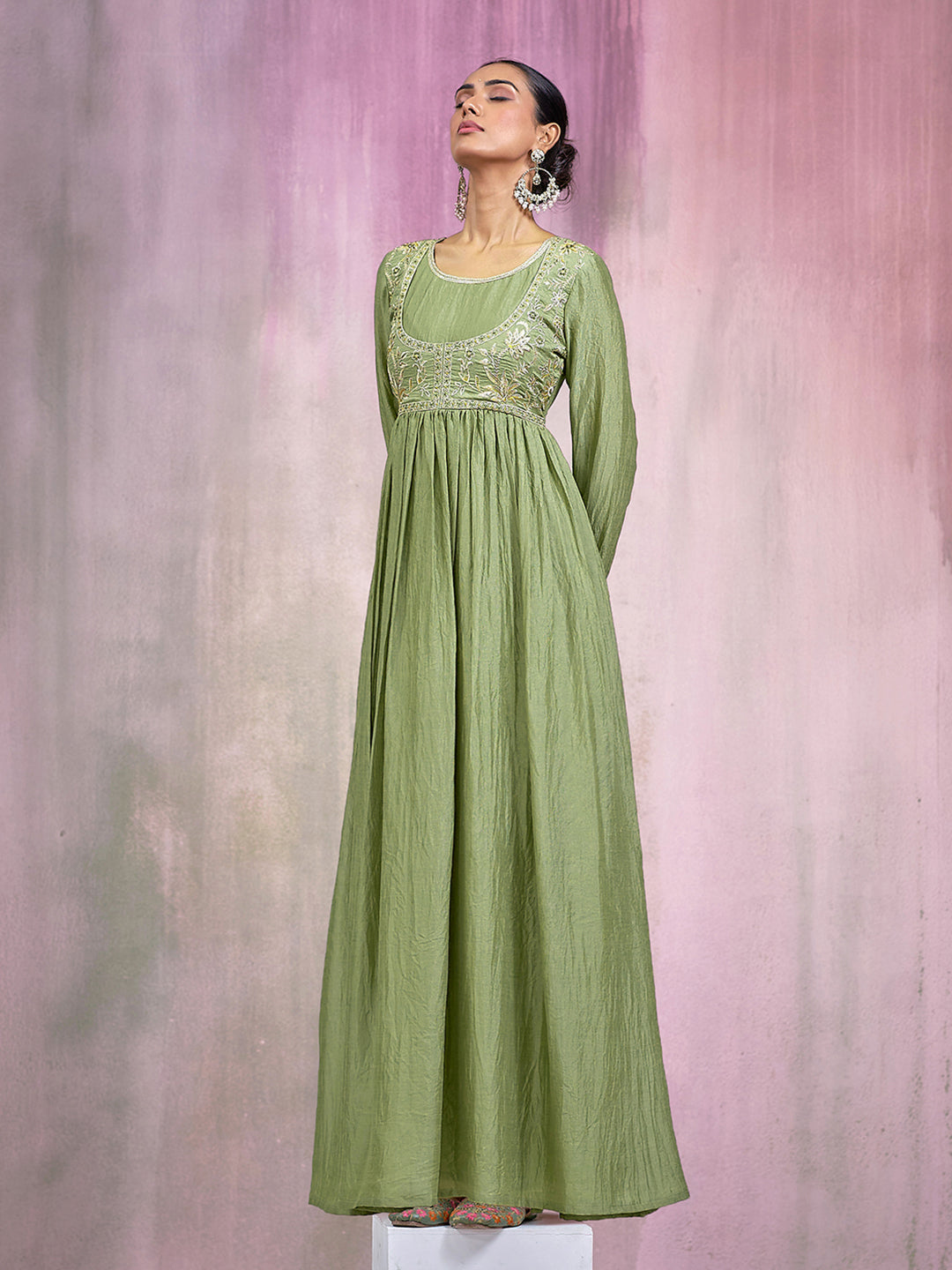 Olive Green Silk Blend Thread Embroidered Ethnic Dress