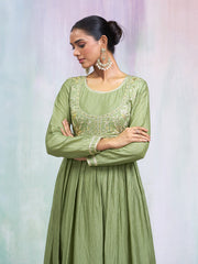 Olive Green Silk Blend Thread Embroidered Ethnic Dress