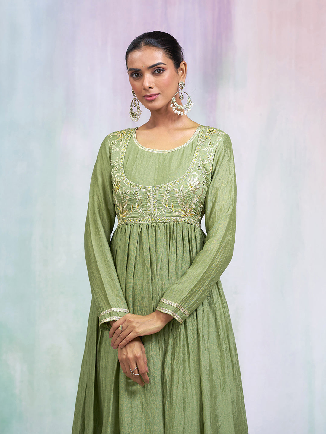 Olive Green Silk Blend Thread Embroidered Ethnic Dress
