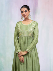 Olive Green Silk Blend Thread Embroidered Ethnic Dress