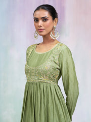 Olive Green Silk Blend Thread Embroidered Ethnic Dress