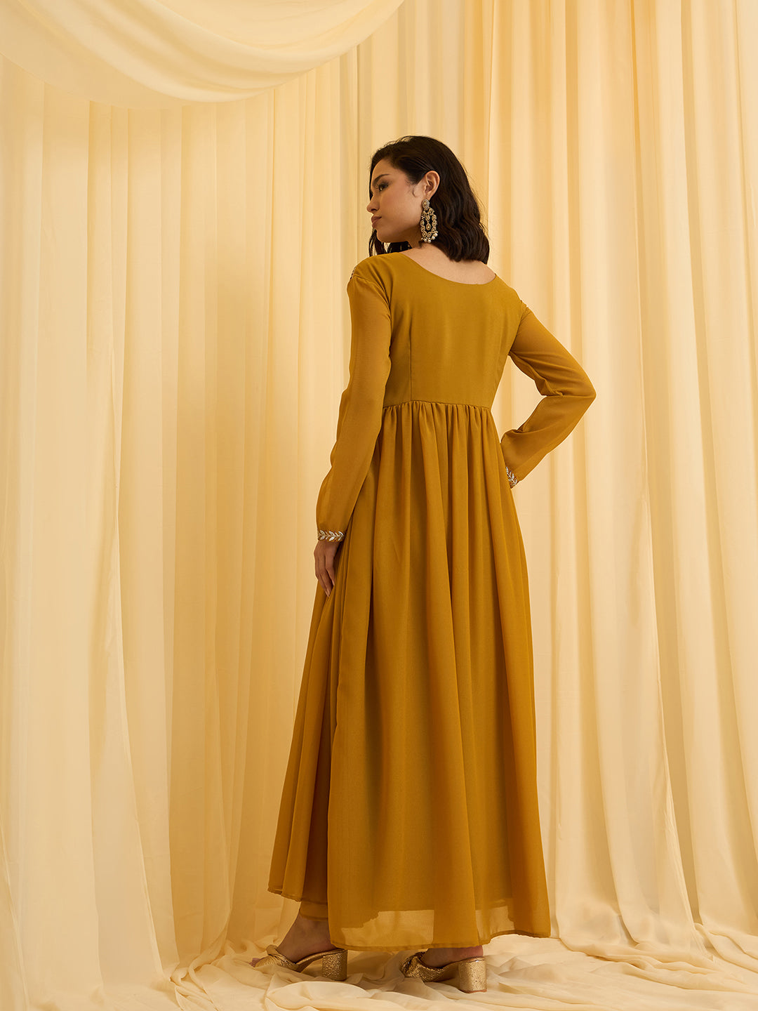 Mustard Georgette Zari Sequence Embroidered Ethnic Gown