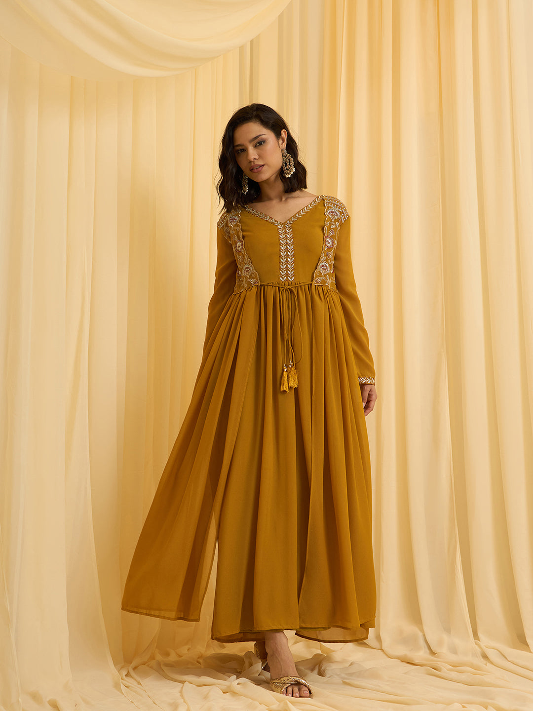 Mustard Georgette Zari Sequence Embroidered Ethnic Gown