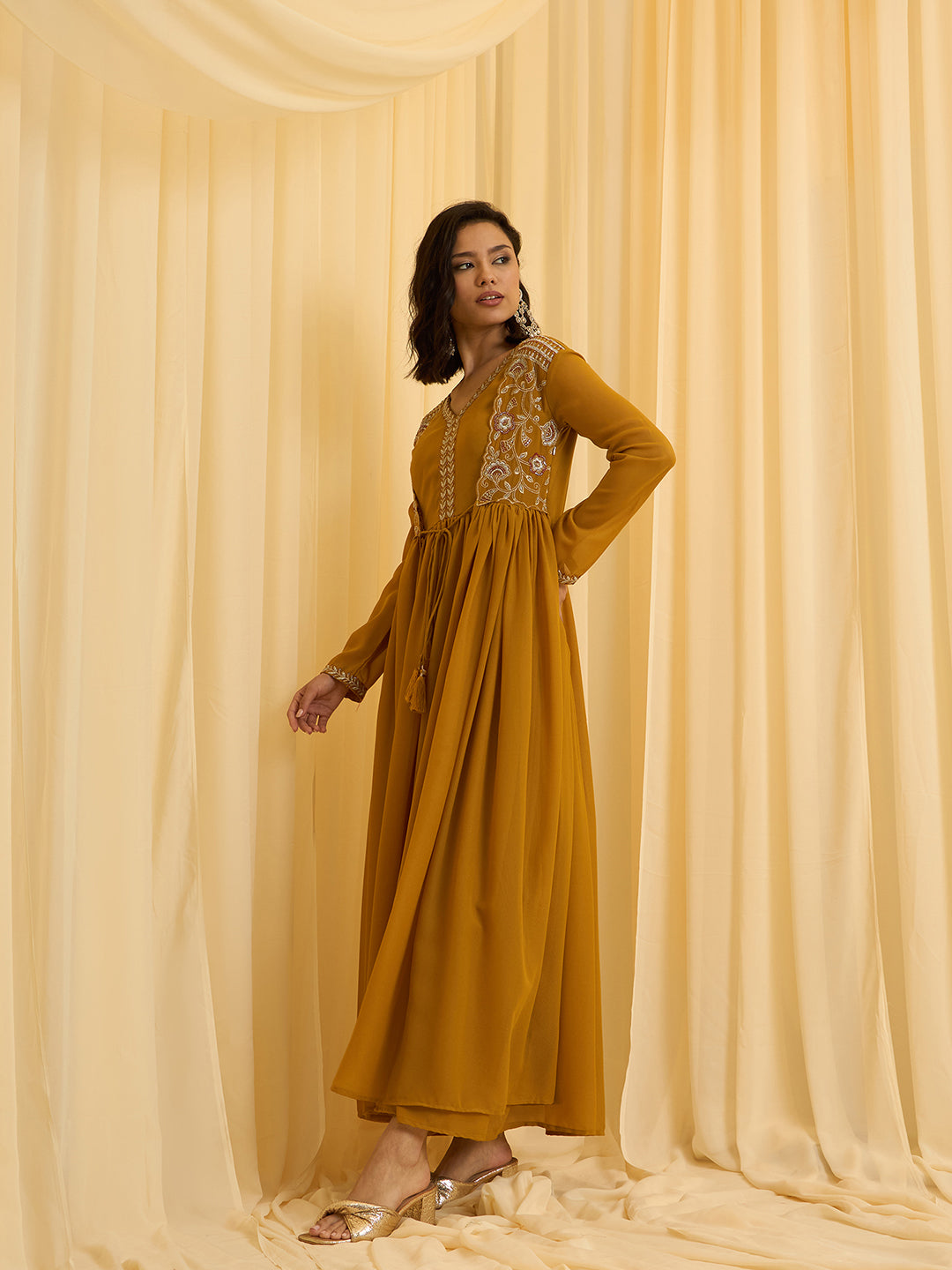 Mustard Georgette Zari Sequence Embroidered Ethnic Gown