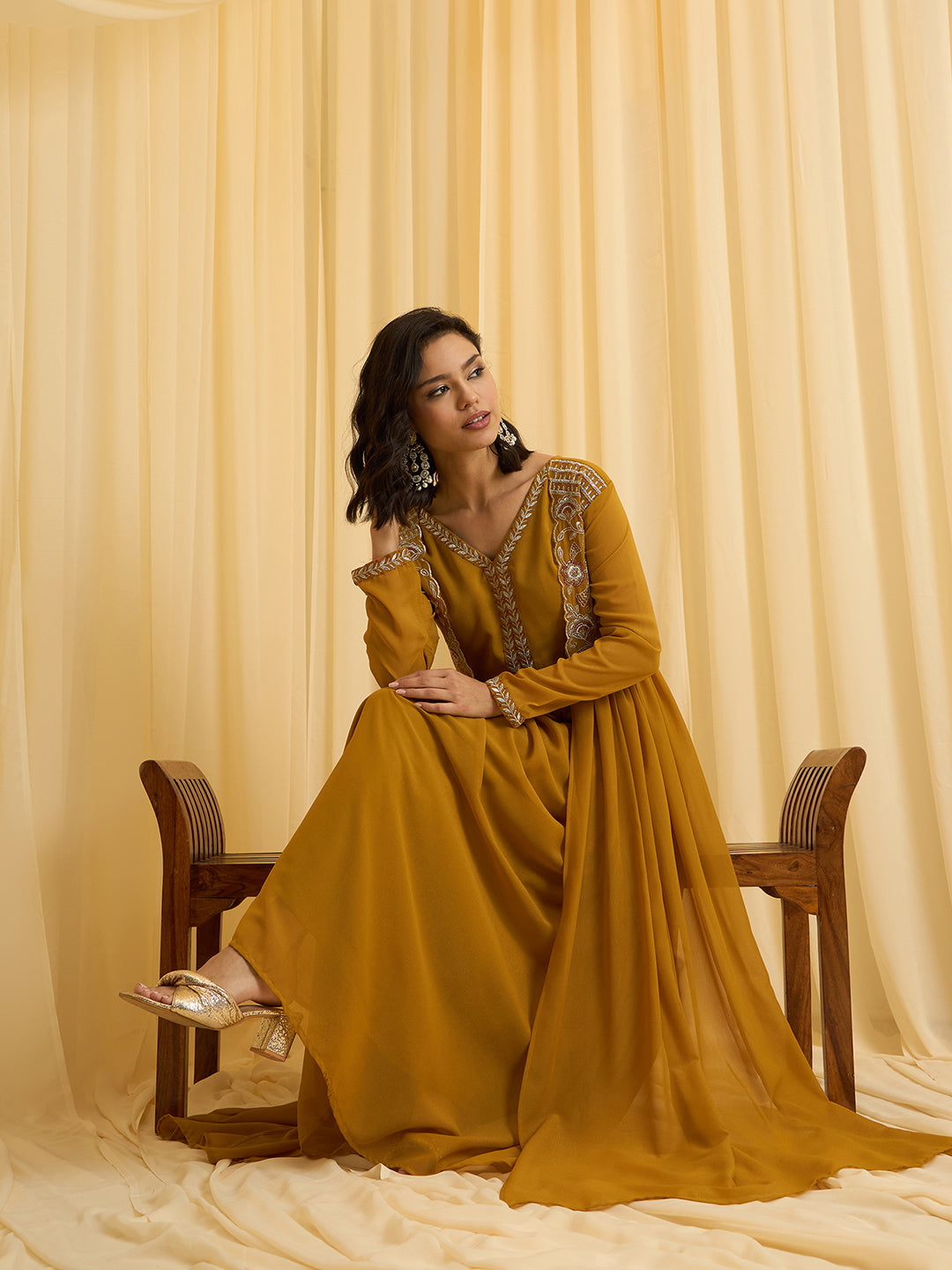 Mustard Georgette Zari Sequence Embroidered Ethnic Gown
