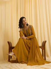 Mustard Georgette Zari Sequence Embroidered Ethnic Gown